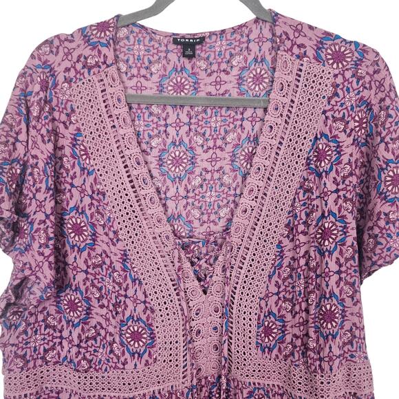 Torrid Floral Babydoll Top Plus Size 3X Crochet Tasseled Boho Cottage Soft Girl - Picture 3 of 9